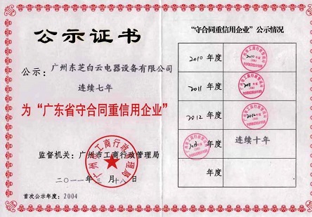 2013年 3月，連續(xù)十年被評為廣東省守合同重信用企業(yè)